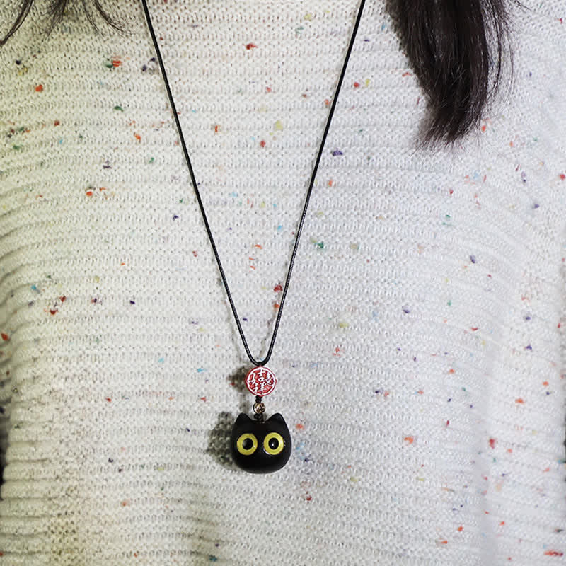 Nimara Ritual Ebony Wood Red Sandalwood Lucky Cat Adjustable Balance Necklace