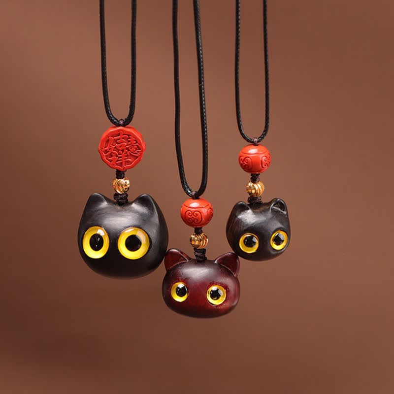 Nimara Ritual Ebony Wood Red Sandalwood Lucky Cat Adjustable Balance Necklace