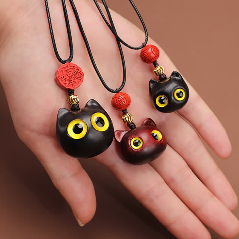 Nimara Ritual Ebony Wood Red Sandalwood Lucky Cat Adjustable Balance Necklace