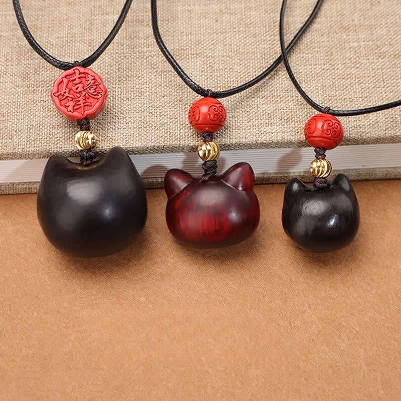 Nimara Ritual Ebony Wood Red Sandalwood Lucky Cat Adjustable Balance Necklace