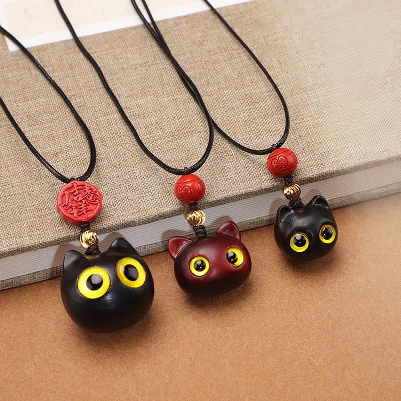 Nimara Ritual Ebony Wood Red Sandalwood Lucky Cat Adjustable Balance Necklace