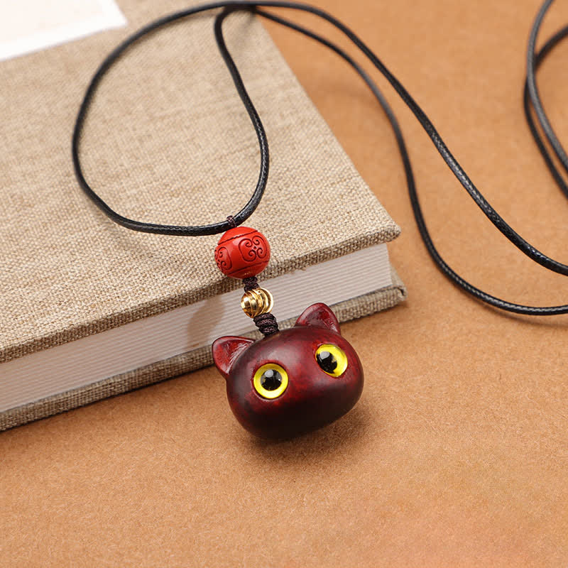 Nimara Ritual Ebony Wood Red Sandalwood Lucky Cat Adjustable Balance Necklace