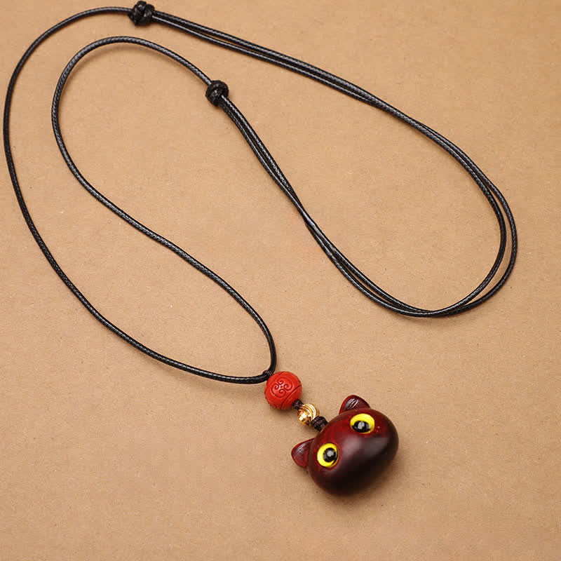 Nimara Ritual Ebony Wood Red Sandalwood Lucky Cat Adjustable Balance Necklace
