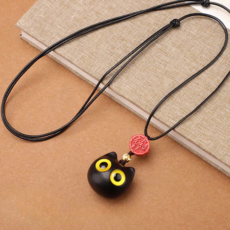Nimara Ritual Ebony Wood Red Sandalwood Lucky Cat Adjustable Balance Necklace