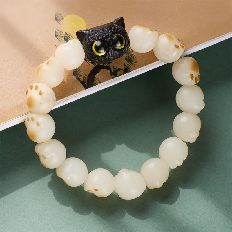 Purity and Wisdom Bodhi Seed Ebony Wood Cat Paw Bracelet