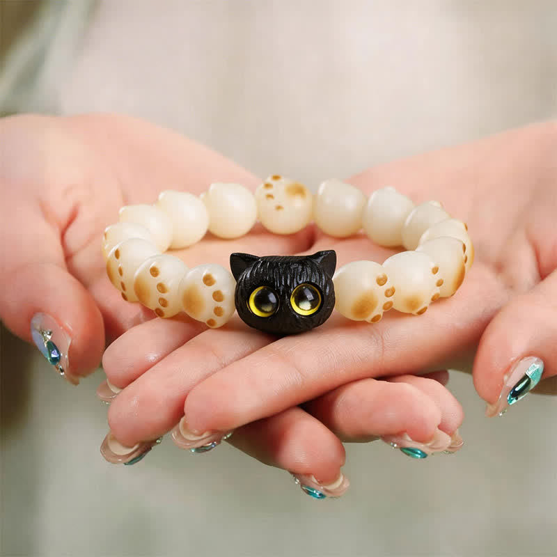 Purity and Wisdom Bodhi Seed Ebony Wood Cat Paw Bracelet