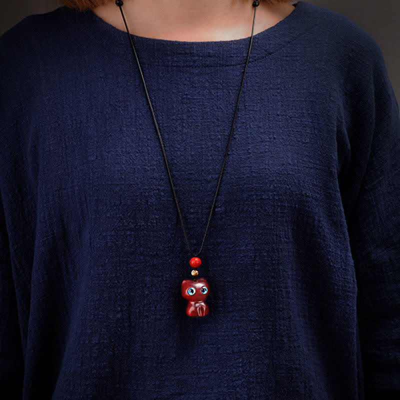 Nimara Ritual Ebony Wood Red Sandalwood Cute Cat Calm Necklace