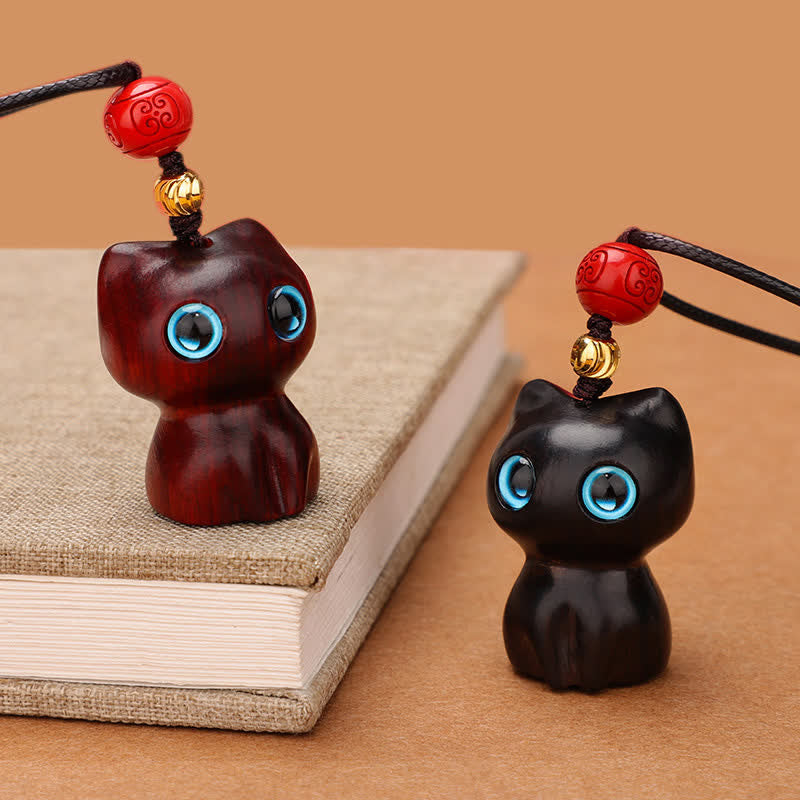 Nimara Ritual Ebony Wood Red Sandalwood Cute Cat Calm Necklace