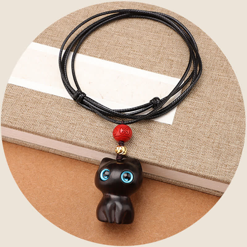 Nimara Ritual Ebony Wood Red Sandalwood Cute Cat Calm Necklace