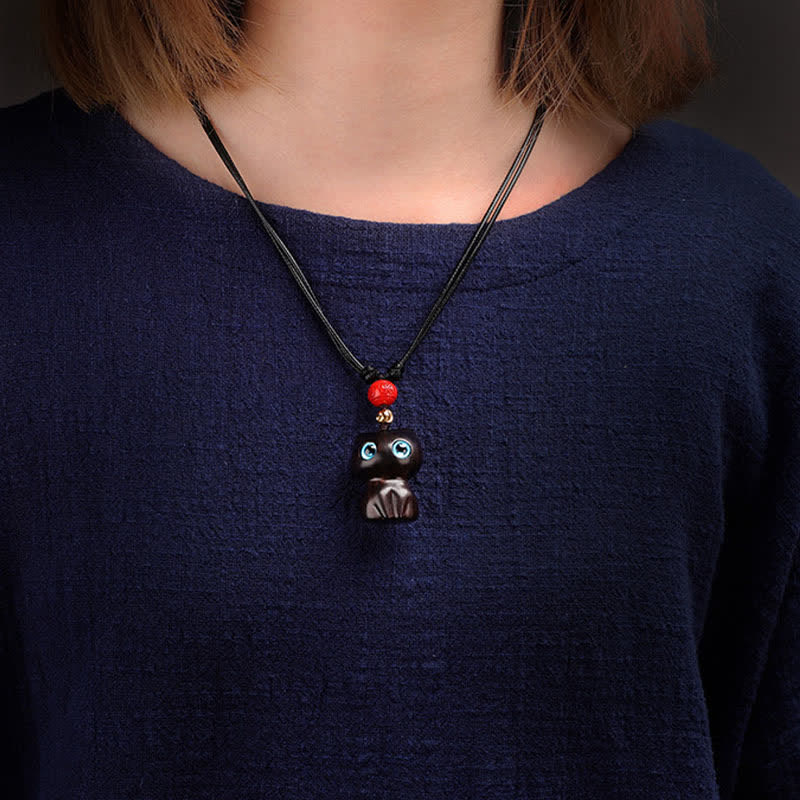 Nimara Ritual Ebony Wood Red Sandalwood Cute Cat Calm Necklace