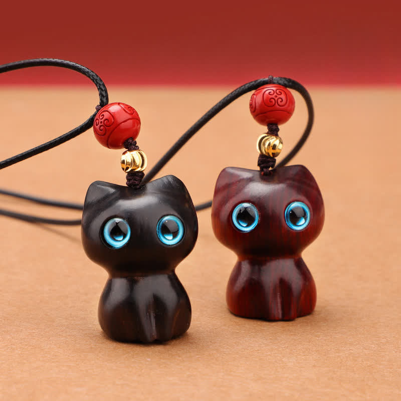Nimara Ritual Ebony Wood Red Sandalwood Cute Cat Calm Necklace