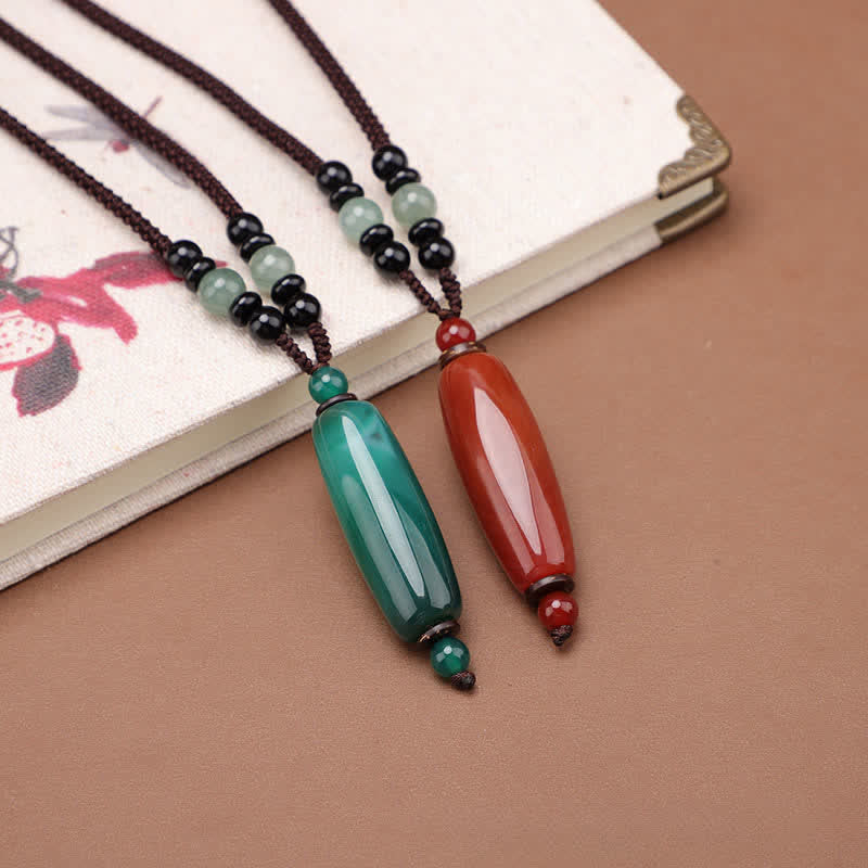 Support and Balance Green Agate Red Agate Braided Oval Pendant Necklace