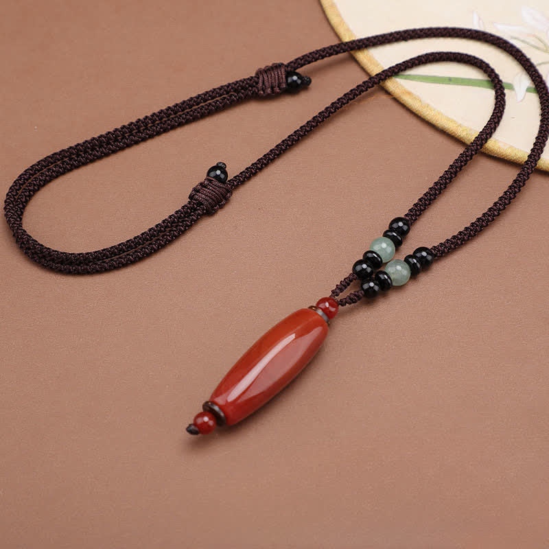 Support and Balance Green Agate Red Agate Braided Oval Pendant Necklace
