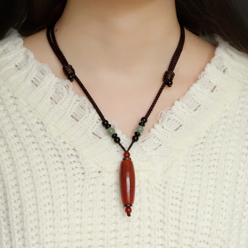 Support and Balance Green Agate Red Agate Braided Oval Pendant Necklace