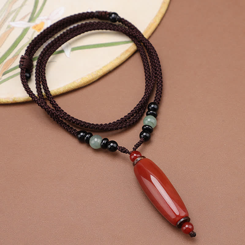 Support and Balance Green Agate Red Agate Braided Oval Pendant Necklace