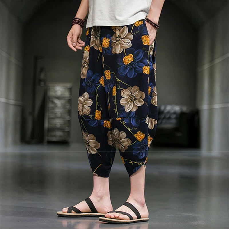 Nimara Ritual Summer Casual Boho Floral Capri Pants Men's Tapered Pants With Pockets
