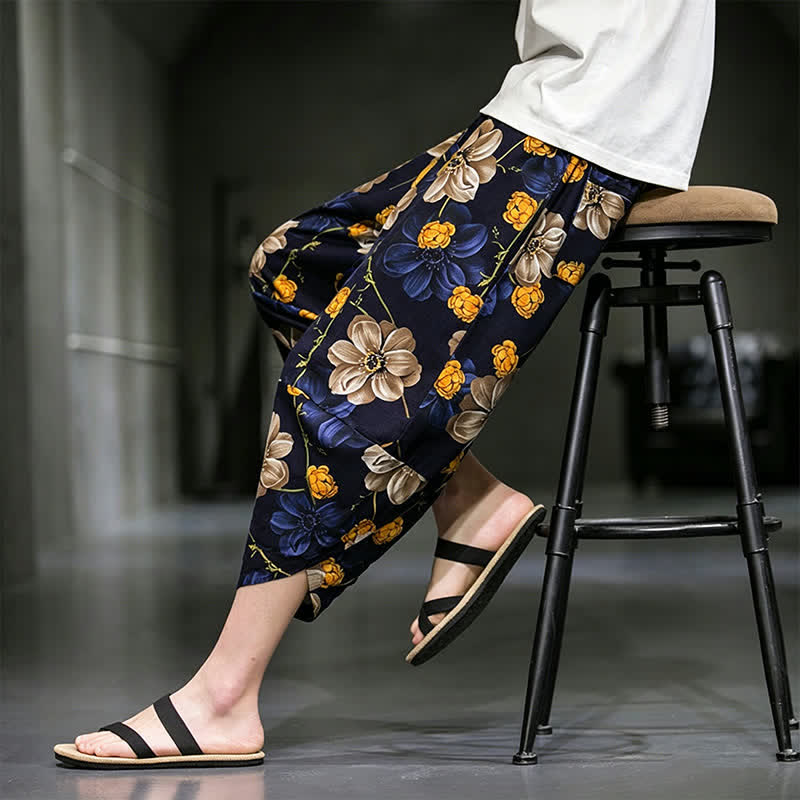 Nimara Ritual Summer Casual Boho Floral Capri Pants Men's Tapered Pants With Pockets