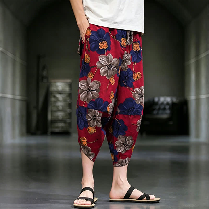 Nimara Ritual Summer Casual Boho Floral Capri Pants Men's Tapered Pants With Pockets