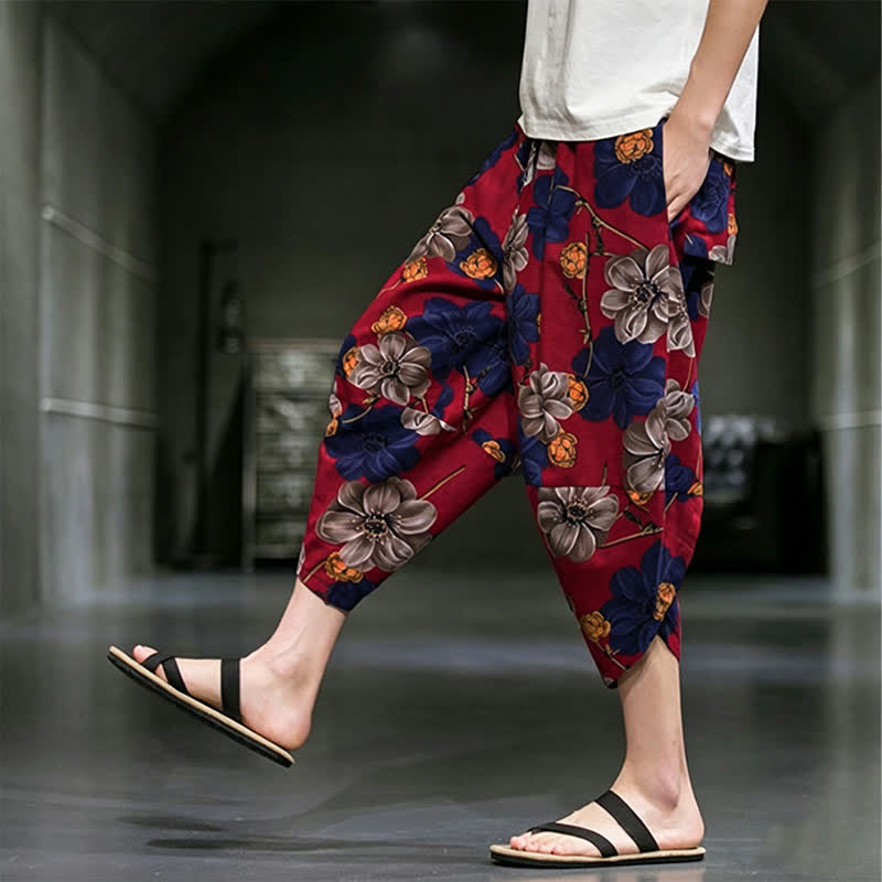 Nimara Ritual Summer Casual Boho Floral Capri Pants Men's Tapered Pants With Pockets
