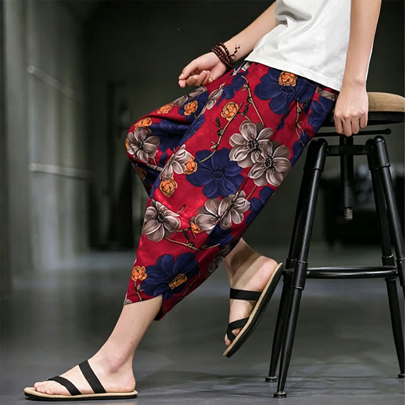 Nimara Ritual Summer Casual Boho Floral Capri Pants Men's Tapered Pants With Pockets
