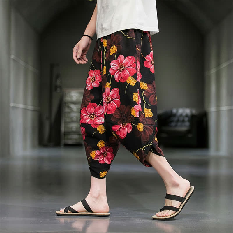 Nimara Ritual Summer Casual Boho Floral Capri Pants Men's Tapered Pants With Pockets