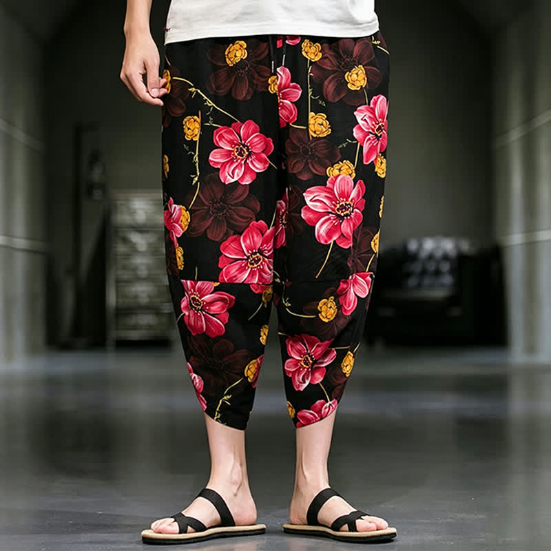 Nimara Ritual Summer Casual Boho Floral Capri Pants Men's Tapered Pants With Pockets