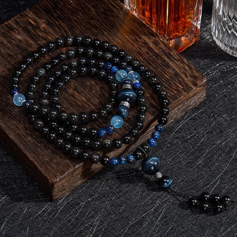 Nimara Ritual Black Obsidian Protection Handcrafted Round Tassel 108 Bead Mala
