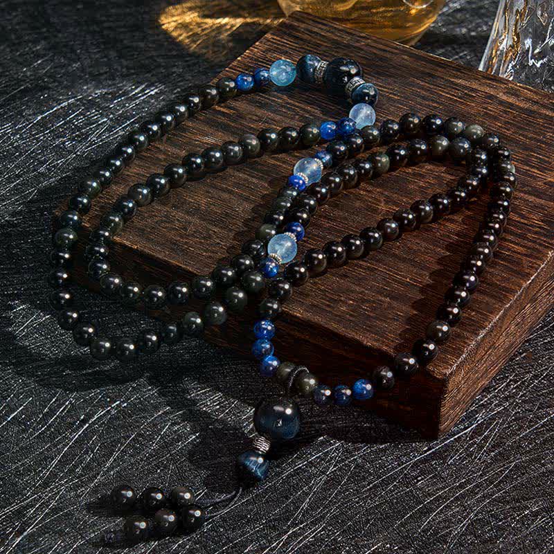Nimara Ritual Black Obsidian Protection Handcrafted Round Tassel 108 Bead Mala
