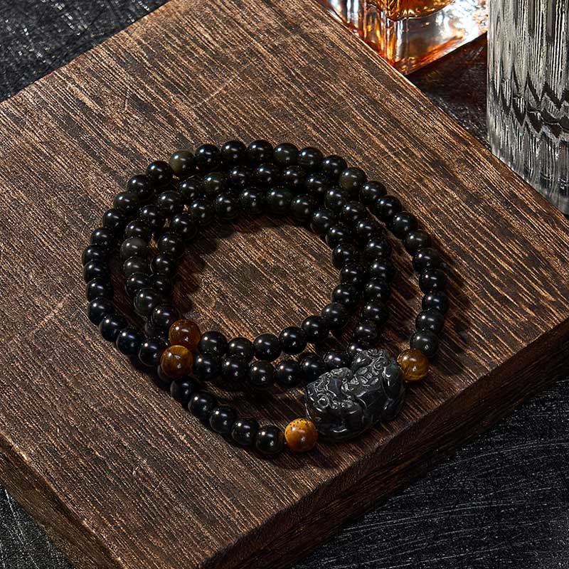Nimara Ritual PiXiu Rainbow Obsidian Black Obsidian Wealth Hand Carved Bead Bracelet