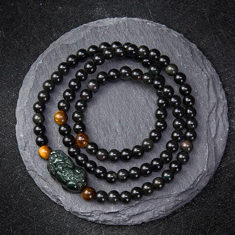Nimara Ritual PiXiu Rainbow Obsidian Black Obsidian Wealth Hand Carved Bead Bracelet