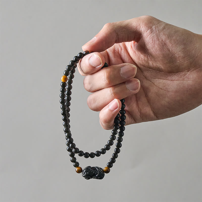 Nimara Ritual PiXiu Rainbow Obsidian Black Obsidian Wealth Hand Carved Bead Bracelet