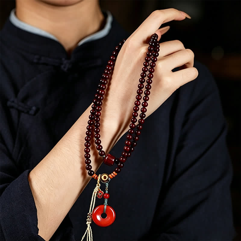 Nimara Ritual Red Sandalwood Peace Buckle Protection Hand-Woven 108 Bead Mala