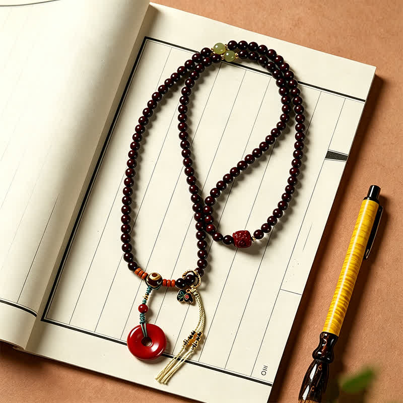 Nimara Ritual Red Sandalwood Peace Buckle Protection Hand-Woven 108 Bead Mala
