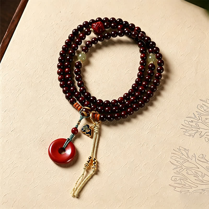 Nimara Ritual Red Sandalwood Peace Buckle Protection Hand-Woven 108 Bead Mala