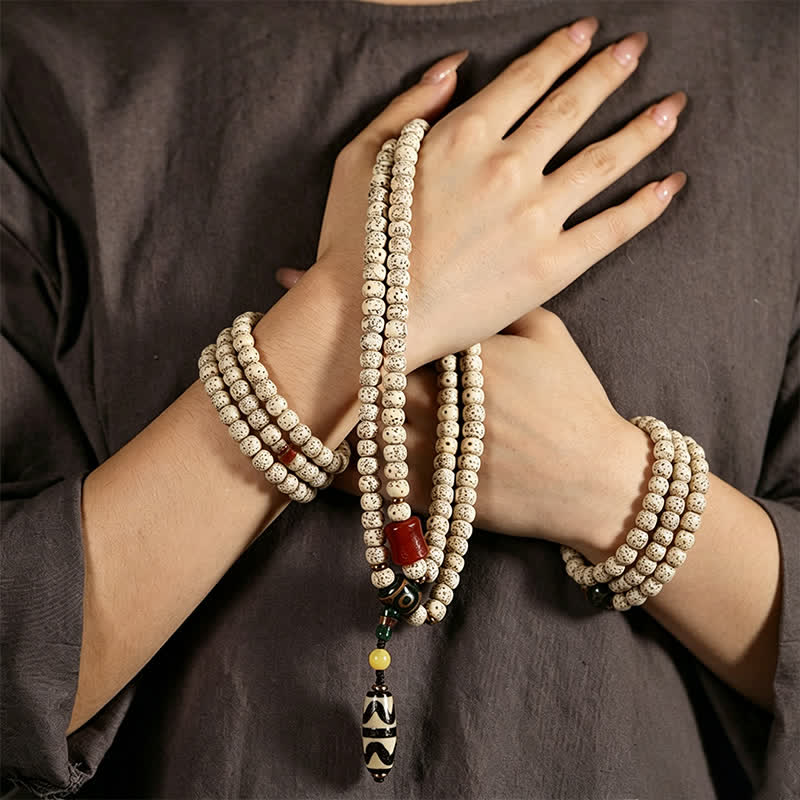 Nimara Ritual Star Moon Bodhi Seed Dzi Bead Wisdom Hand-Woven Tibetan 108 Bead Mala