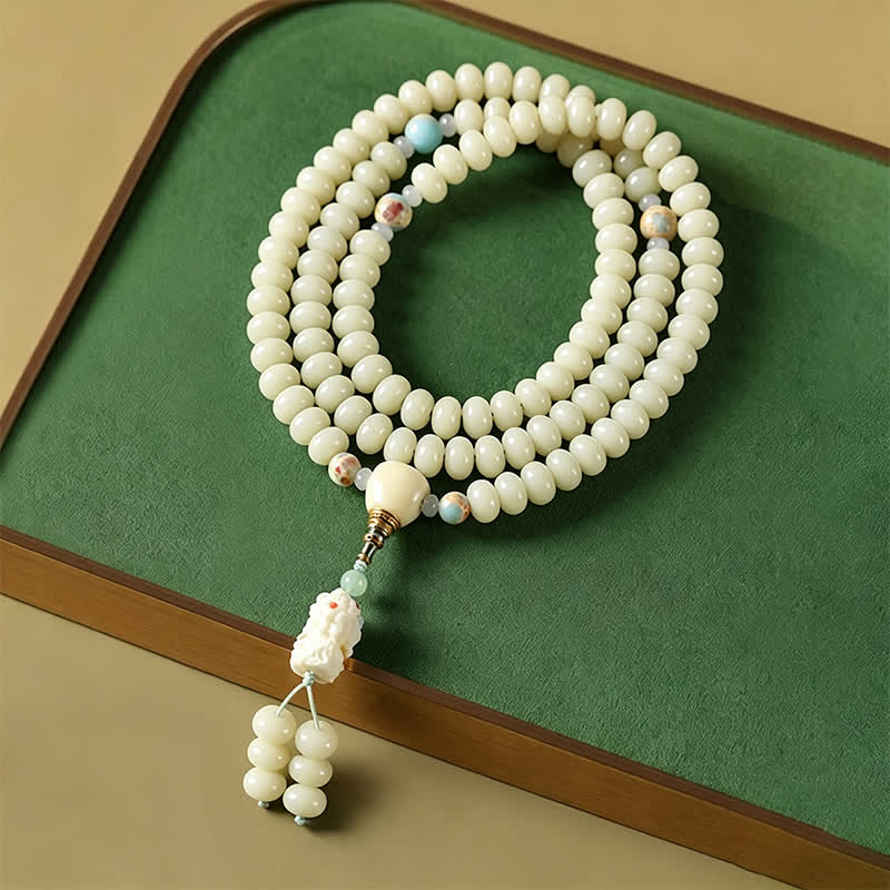 Nimara Ritual White Bodhi Seed Bodhisattva Tara Hope Hand-Woven Ethnic 108 Bead Mala