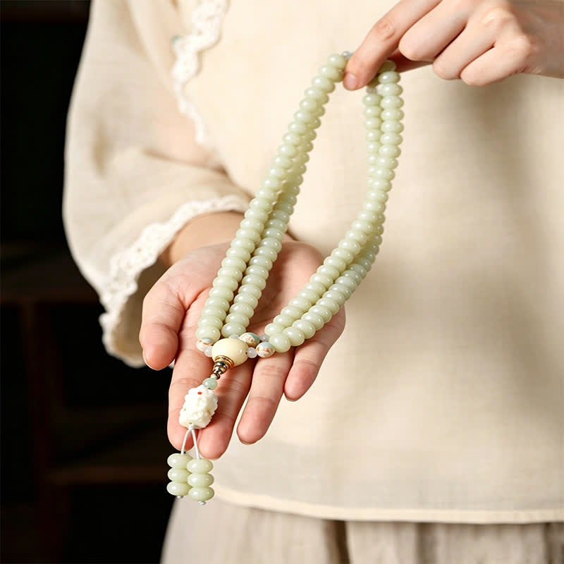 Nimara Ritual White Bodhi Seed Bodhisattva Tara Hope Hand-Woven Ethnic 108 Bead Mala