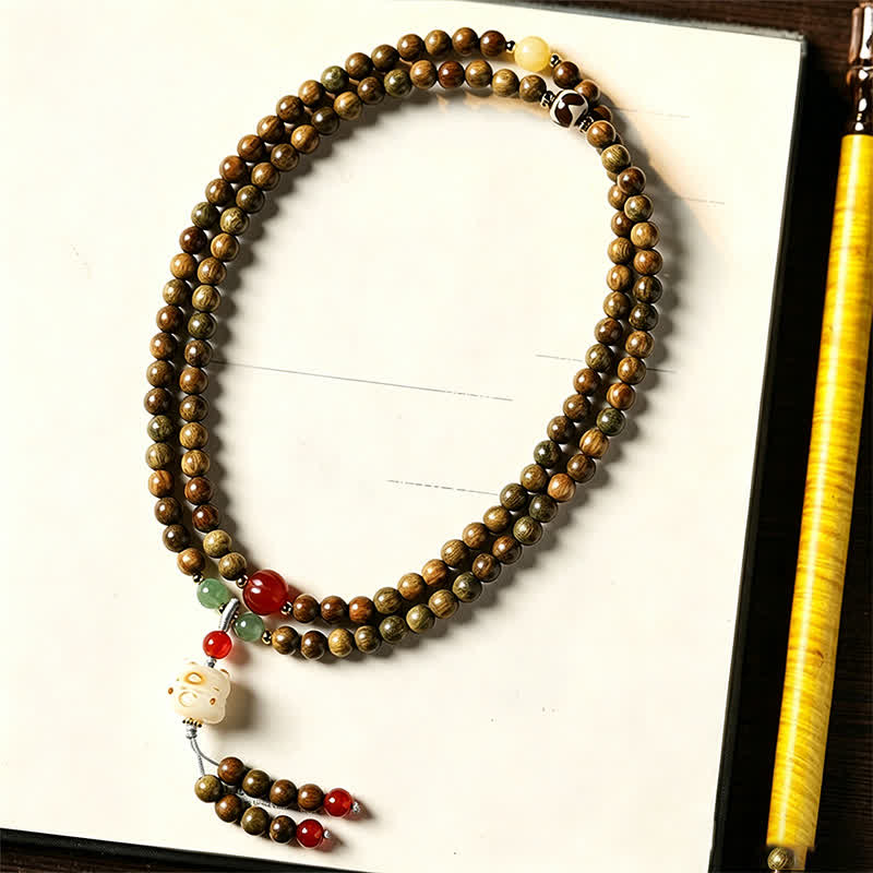 Nimara Ritual Green Sandalwood Serenity Hand-Woven Cat Charm Retro Ethnic Mala