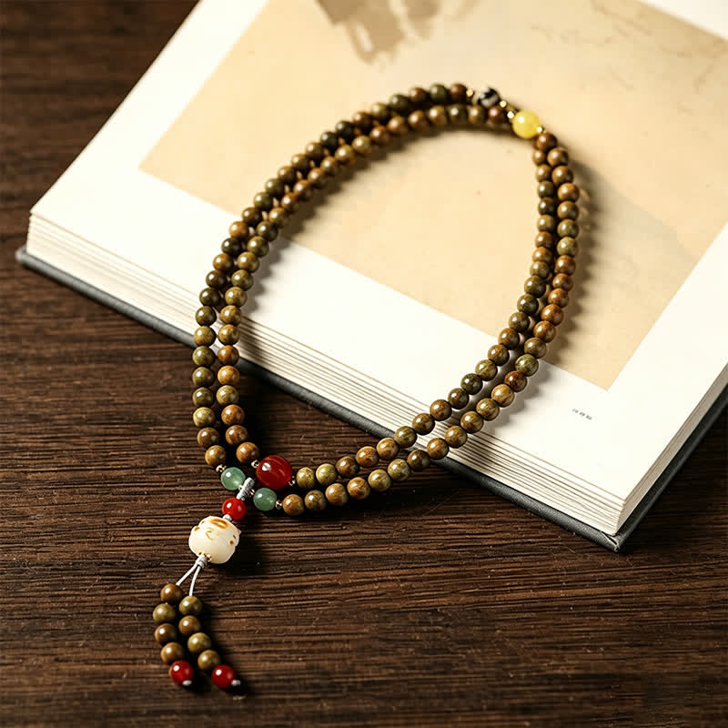 Nimara Ritual Green Sandalwood Serenity Hand-Woven Cat Charm Retro Ethnic Mala