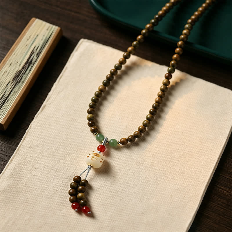 Nimara Ritual Green Sandalwood Serenity Hand-Woven Cat Charm Retro Ethnic Mala