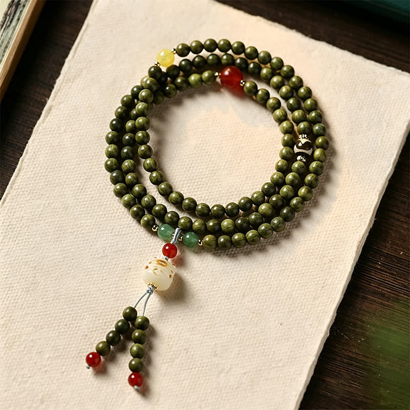 Nimara Ritual Green Sandalwood Serenity Hand-Woven Cat Charm Retro Ethnic Mala