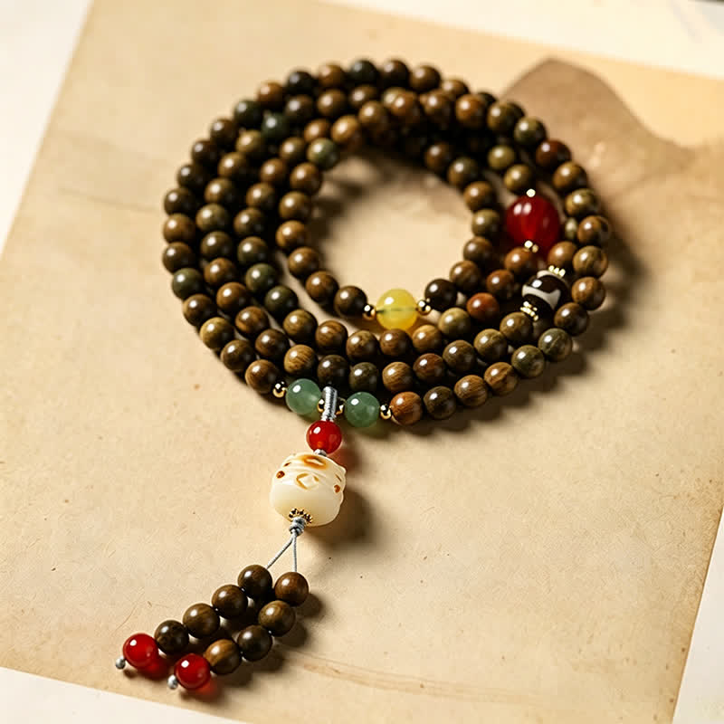 Nimara Ritual Green Sandalwood Serenity Hand-Woven Cat Charm Retro Ethnic Mala