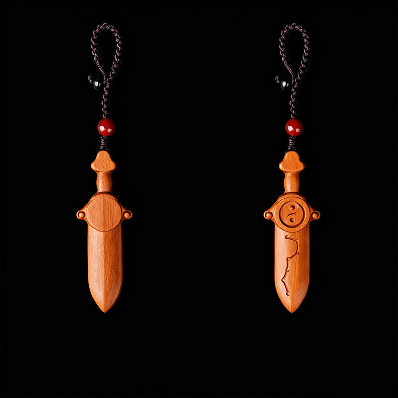 Nimara Ritual Jujube Wood Yin Yang Balance Engraved Sword Keychains