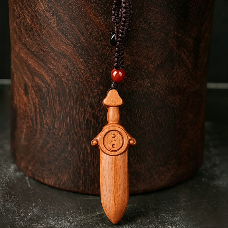 Nimara Ritual Jujube Wood Yin Yang Balance Engraved Sword Keychains