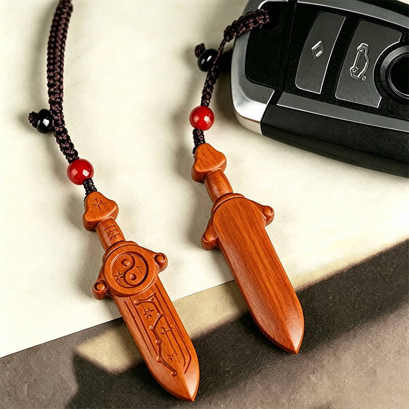 Nimara Ritual Jujube Wood Yin Yang Balance Engraved Sword Keychains