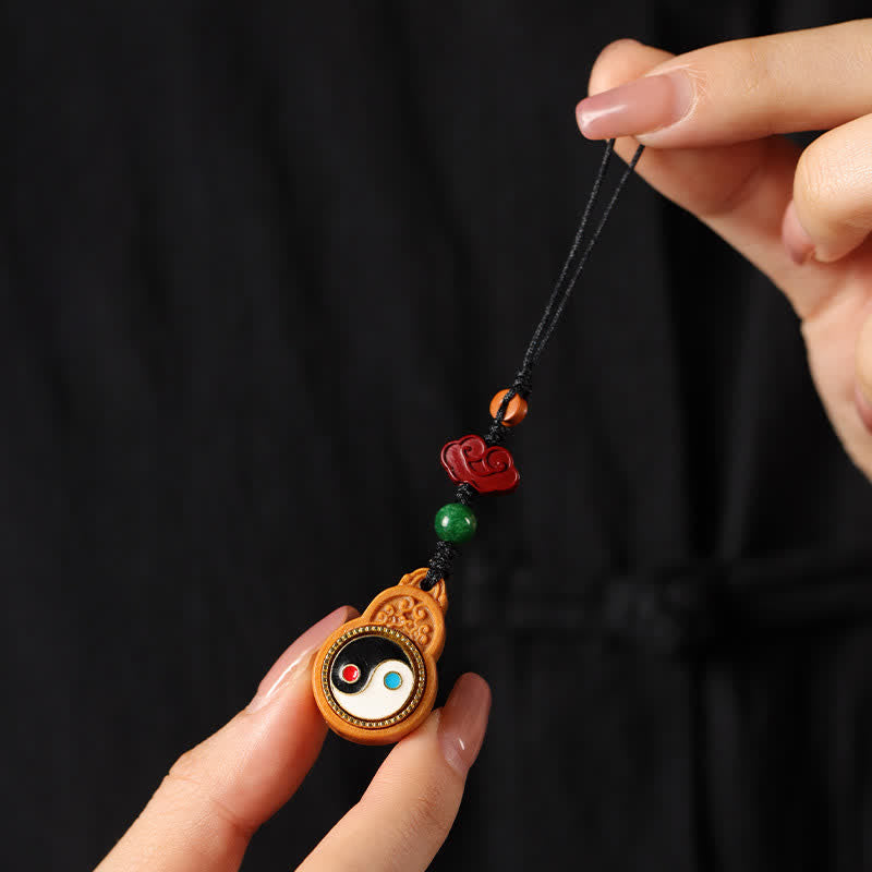 Protection and Purification Green Sandalwood Bagua Yin Yang Gourd Phone Hanging Decoration