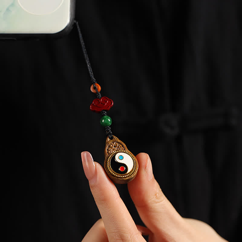 Nimara Ritual Green Sandalwood Bagua Yin Yang Protection Gourd Phone Hanging Decoration