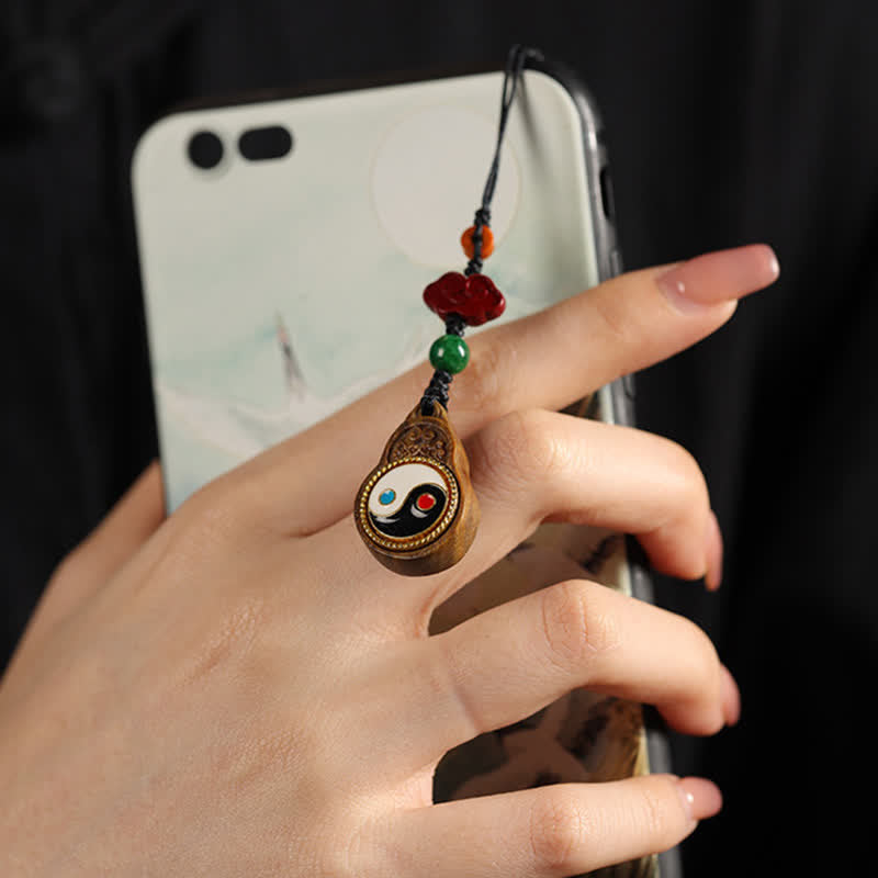 Protection and Purification Green Sandalwood Bagua Yin Yang Gourd Phone Hanging Decoration