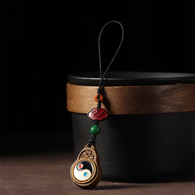 Protection and Purification Green Sandalwood Bagua Yin Yang Gourd Phone Hanging Decoration