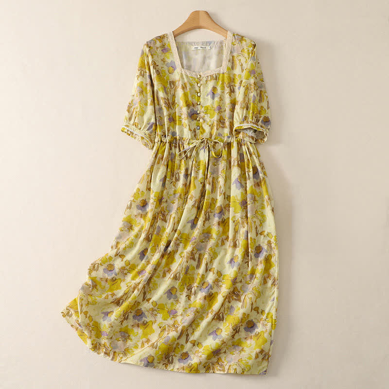 Nimara Ritual Spring Summer Vintage Drawstring Floral Women's Short Sleeve Dresses With Pocket